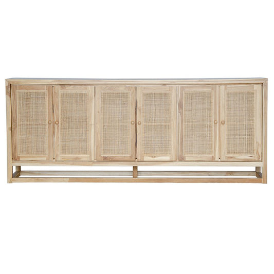 The Manzanita 6 Door Buffet is a contemporary and coastal six-door sideboard crafted from sustainable teak. The sideboard features open mesh rattan doors. Colour natural. Measures 2200 length X 400 depth X 900 height. Front Plain.