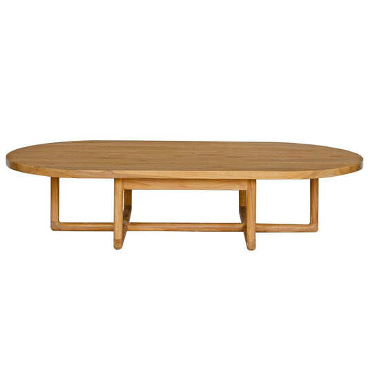 The Marley Coffee Table, an eye-catching contemporary coffee table crafted from natural teak. Measures 1600 Length x 900 Width x 370 Height. Front Plain.
