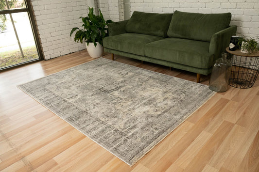 The Matana Grey 536 Rug. Traditional style, machine made rug. Colours light greys, greys. Sizes 160 X 235, 200 X 285, 240 X 330 and 300 X 400. Life.