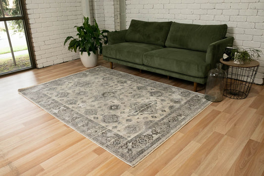 The Matana Grey 7 Rug. Traditional style, machine made rug. Colours light grey, grey and dark grey. Sizes 160 X 235, 200 X 285, 240 X 330 and 300 X 400. Life.