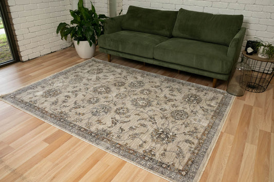 The Matana Multi 1330 Rug. Traditional style, machine made rug. Colours grey, light grey, beiges and creams. Sizes 160 X 235, 200 X 285, 240 X 330 and 300 X 400. Life.