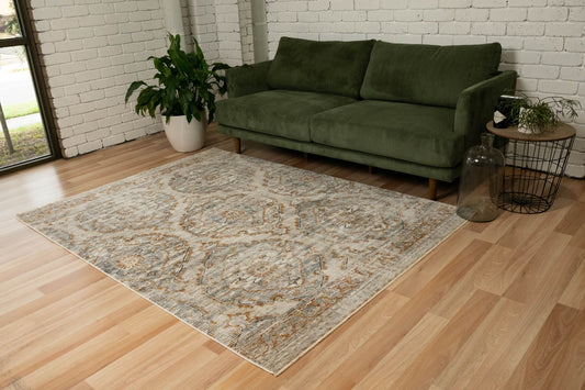 The Matana Multi 7 Rug. Traditional style, machine made rug. Colours light grey, grey, brown and beige. Sizes 160 X 235, 200 X 285, 240 X 330 and 300 X 400. Life.