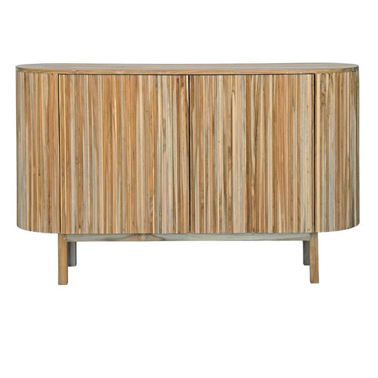The Medford 2 Door Buffet. Crafted from solid teak, with rounded sides and sits on sleek legs. Colour Natural. Measures 1250L X 350D X 800H. Front Plain.