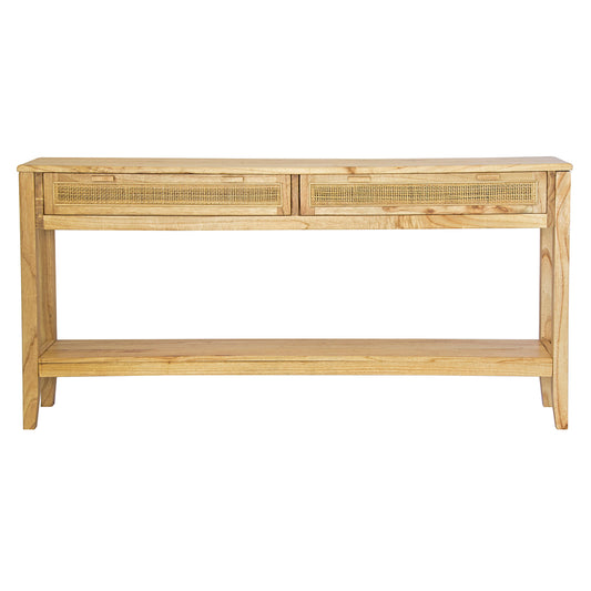 The Milan - 2 Drawer Natural console boasts coastal and contemporary style. Crafted from sustainable white cedar timber, it features 2 drawers, on wooden runners, and an open mesh rattan drawer face. Colour Natural. Measures 1500 length X 250 depth X 750 height. Front Plain.