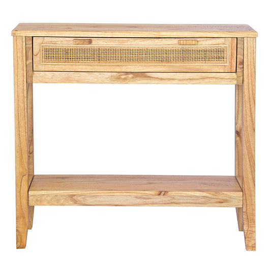 The Milan - 1 Drawer Natural console boasts coastal and contemporary style. Crafted from sustainable white cedar timber, it features 1 drawer, on wooden runners, and an open mesh rattan drawer face. Colour Natural. Measures 800 length X 250 depth X 750 height. Front Plain.