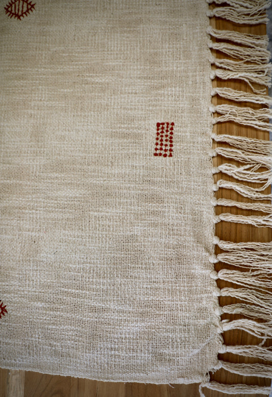 Minimal Mist, a hand loomed throw blanket made by skilled artisans in India. This neutral toned cotton slub throw showcases tasseled ends and geometric motifs, adding texture and style to any space. Colours, cream and brown motifs. Size 130 X 170. Close.