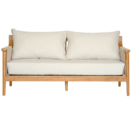 The Mojave Lounge, teak frame with rope sides and UV resistant Cotton Twill seat and cushions. Measures 1750 wide X 700 Depth X 400 Seat Height. Colour Natural rattan with white cushions. Front Plain. Ochoco Lounge Furniture Perth.