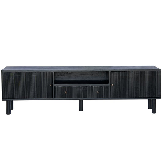 The Monroe 2 Door 1 Drawer Black Entertainment Unit is a contemporary piece of furniture. Crafted from sustainable white cedar, it comes with two textured doors and a shelf and 1 drawer. Colour Black. Measures 1800 length X 400 depth X 530 height. Front Plain.