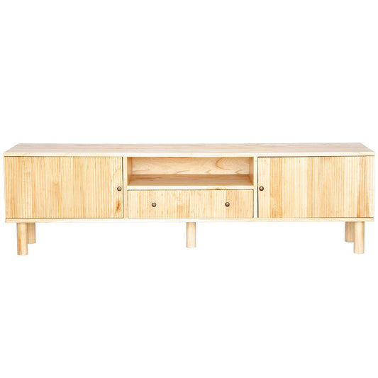 The Monroe 2 Door 1 Drawer Natural Entertainment Unit is a contemporary piece of furniture. Crafted from solid white cedar, it comes with two textured doors and a shelf and drawer. Colour natural. Measures 1800 length X 400 depth X 510 height. Front Plain.