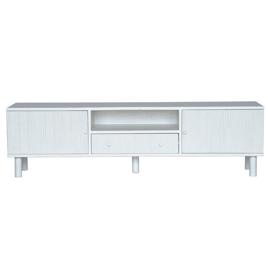The Monroe 2 Door 1 Drawer White Entertainment unit. With two textured doors, one open shelf and 1 drawer, it offers convenient storage and elevates the aesthetic of your home. Measures 1800 length x 400 depth x 530 height. Front Plain.