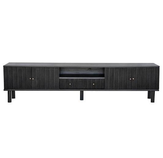 The Monroe 4 Door 1 Drawer Black Entertainment Unit is a contemporary piece of furniture. Crafted from solid white cedar, it comes with four textured doors and a shelf and 1 drawer. Colour Black. Measures 2100 length X 400 depth X 530 height. Front Plain.