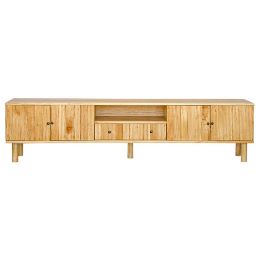 The Monroe 4 Door 1 Drawer Natural Entertainment Unit is a contemporary piece of furniture. Crafted from solid white cedar, it comes with four textured doors and a shelf and 1 drawer. Colour natural. Measures 2100 length X 400 depth X 530 height. Front Plain.