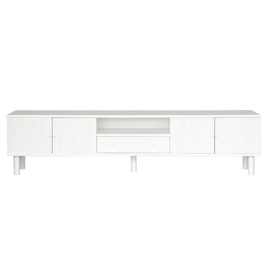 The Monroe 4 Door 1 Drawer White Entertainment Unit is a contemporary piece of furniture. Crafted from solid white cedar, it comes with four textured doors and a shelf and 1 drawer. Colour White. Measures 2100 length X 400 depth X 530 height. Front Plain.