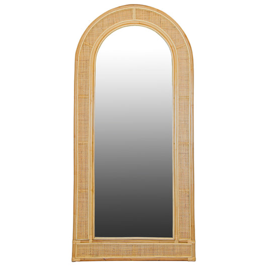 The Oahu Tall Mirror features a arched top, rattan frame, and an open rattan mesh border. Colour natural. Measures 900 wide X 1900 height. Front Plain.