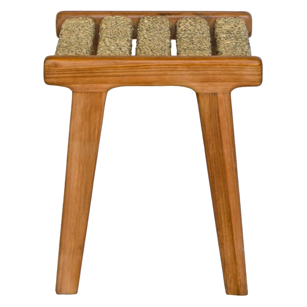 The Omono Foot Stool is crafted from sustainable seagrass with a teak frame. Colours natural. Measures 400 wide X 370 Depth x 420 height. Side.