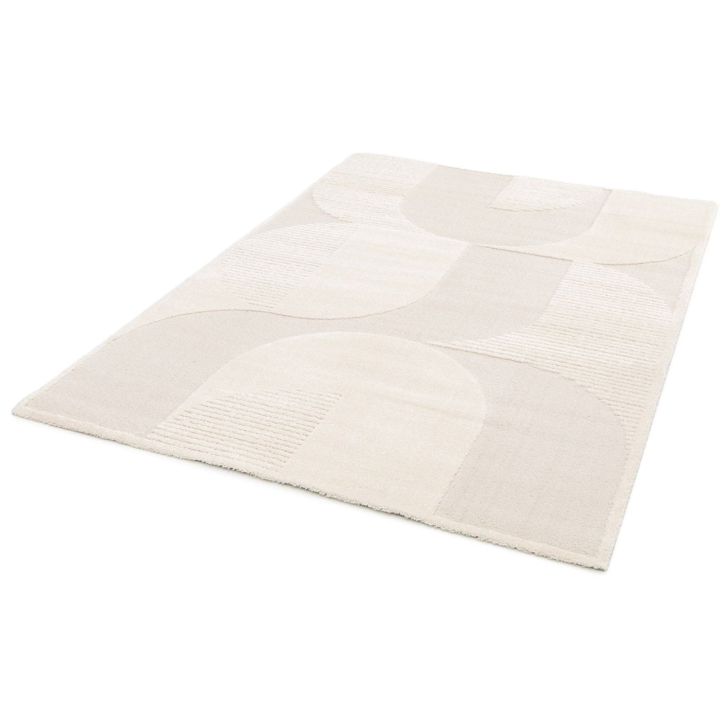 Osmond Waves Ivory rug with soft geometric patterns in a neutral palette and a high-low textured finish. Colours Ivory and Light Grey. Sizes 160 X 230, 200 X 290 and 240 X 340. Angle Full.