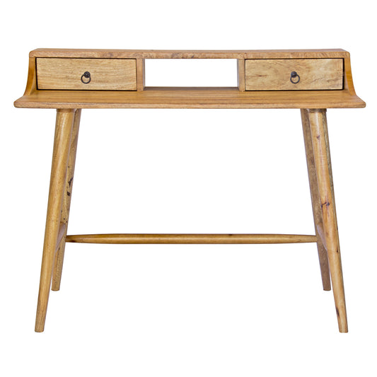 The Ozark Desk is crafted with a contemporary silhouette and two drawers on wooden runners, it boasts a solid fruitwood top, reinforced by sturdy turned legs. Colour natural. Measures 1100 length X 600 depth X 750 height. Front Plain.