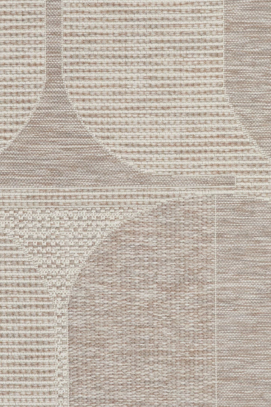 The Patio Ovals Linen indoor/outdoor rug featuring neutral tones and a modern designed pattern, power-loomed from UV-stabilised polypropylene for lasting durability. Colours, Linen, Beiges and hints of light grey. 3 sizes. Close.