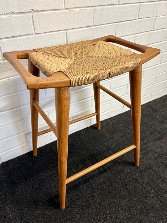 The Potomac Barstool gives a coastal contemporary vibe. Crafted from a sustainable teak frame, the seat is made of durable synthetic rope. Colour natural. Measures 560 wide X 360 depth X 680 height. Angle.