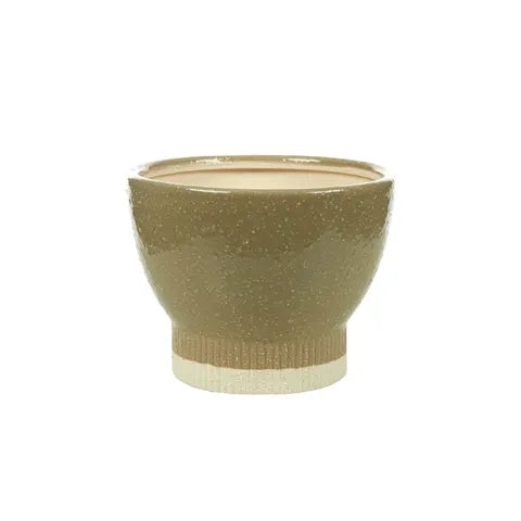 The Romulus Ceramic Pot - Large, 18 X 14, features a cylindrical bottom that tapers out in a bowl shape. Colours, Olive and cream. Measures 18 Diameter X 14 Height. Front Plain.