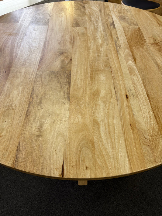 The Roy 1200 Round Dining Table. Solid fruitwood top with ornate legs. Colour Natural. Size 1200 Round Diameter top X 760 Height. Top.