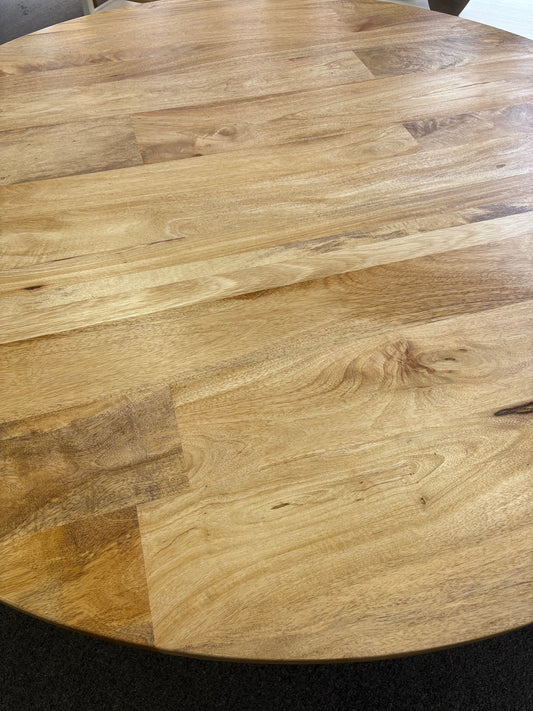 The Roy 1350 Round Dining Table. Solid fruitwood top with ornate legs. Colour Natural. Size 1350 Round Diameter top X 760 Height. Top.