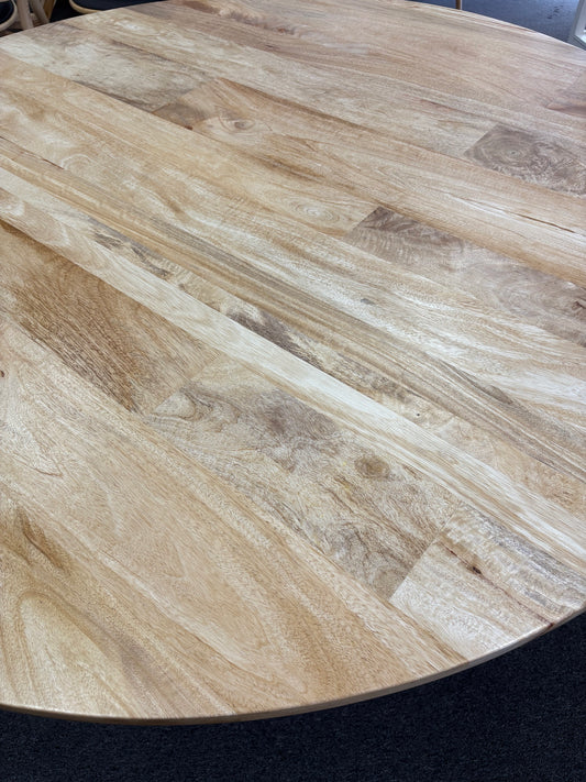 The Roy 1500 Round Dining Table. Solid fruitwood top with ornate legs. Colour Natural. Size 1500 Round Diameter top X 760 Height. Top.