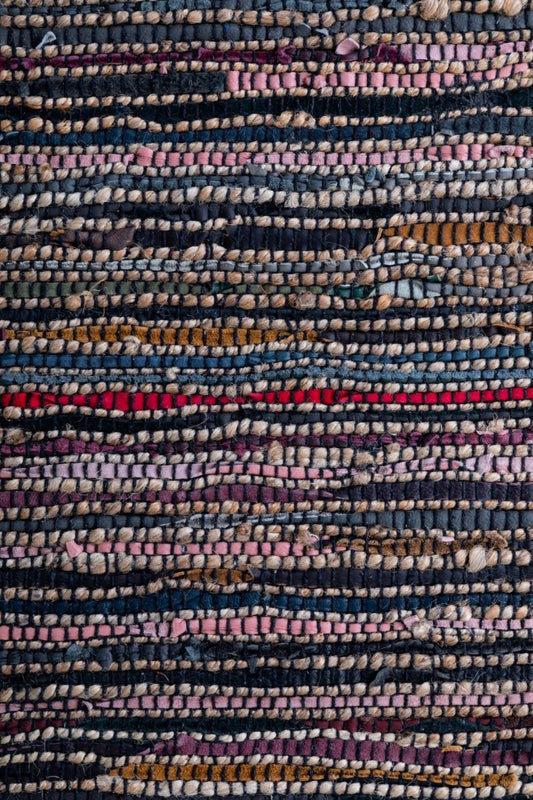 Rustic Charm Multi is a hand woven natural jute and leather carpet. Colour Black with a multi colour accents. Sizes 155 X 225, 200 X 290, 240 X 320 and 300 X 400. Close.