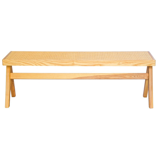 The Saffron Bench is a contemporary coastal bench. It is crafted with a beechwood frame and rattan seat. Colour natural. Measures 1200 wide X 360 depth X 400 height. Front Plain.