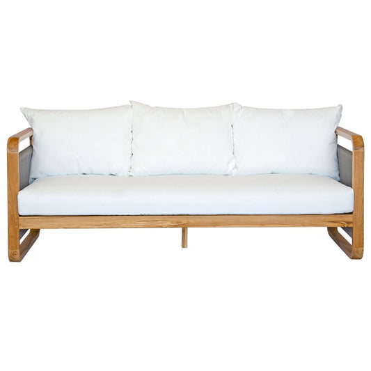 The Sahara Grey Lounge is an indoor/outdoor lounge. Featuring a solid teak frame and UV resistant cushioned seat and back. Colours, natural and grey rope with white cushions. Measures 1800 Wide x 750 depth x 800 back height and 400 seat height. Front Plain.