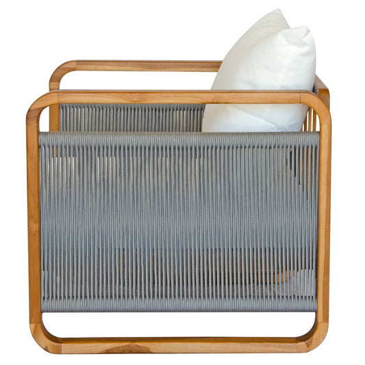 The Sahara Grey Occasional Chair is an indoor/outdoor lounge. Featuring a solid teak frame and UV resistant cushioned seat and back. Colours, natural and grey rope with white cushions. Measures 760 Wide x 750 depth x 800 back height and 400 seat height. Side.