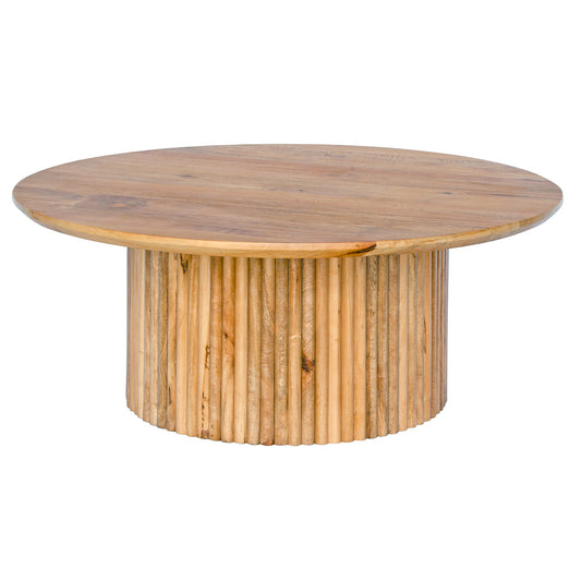 The Santana - Natural Coffee Table Natural is a contemporary centrepiece. It features a round table top and textured column base. Colour natural. Measures 1000 diameter X 400 height. Front Plain.