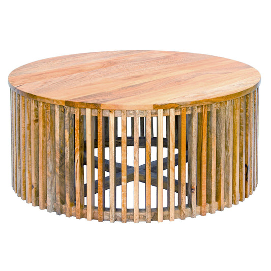 The Seger Natural Coffee Table features solid round top and slatted sides. Crafted from sustainable fruitwood. Colour natural. Measures 900 diameter X 400 height. Front Plain.
