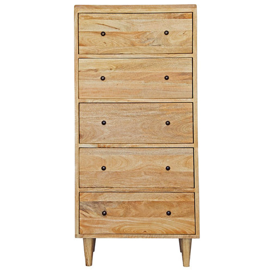 The Sequoia - 5 Drawer features 5 drawers with wooden drawer runners, creating plenty of storage space. Finished in an organic natural colour. Measures 620 wide x 400 depth x 1370 height. Front Plain.