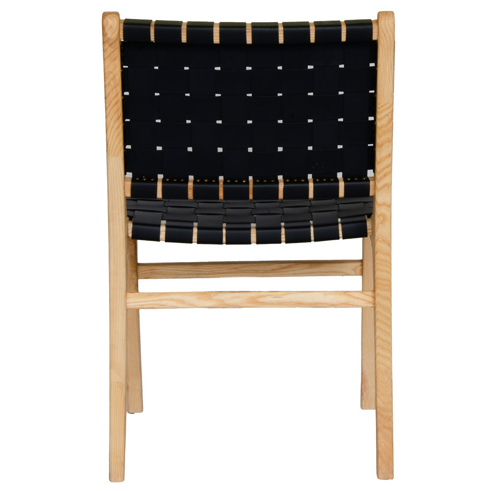 The Shawnee - Black Dining Chair, features an ash frame and black saddle leather. It has a strapped seat and back. Colours, natural frame with black leather. Measures 510 wide X 550 depth X 460 Seat height. Back height 840. Back Plain.