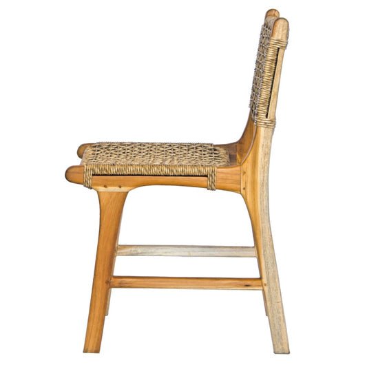 The Sioux Dining Chair is a coastal inspired dining chair. It features a teak frame and synthetic rope seat and back. Colour natural. Measures 450 wide X 540 depth X 470 seat height. Back height 840. Side Plain.