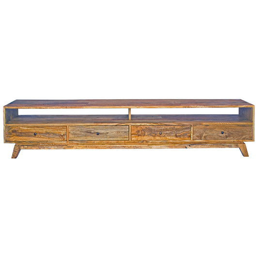 The Taylor 2100 Entertainment Unit features a modern style. It is constructed of sustainable fruitwood. The 4 drawers are on wooden runners and has two open shelves. Colour natural. Measures 2100 length X 400 depth X 500 height. Front Plain.