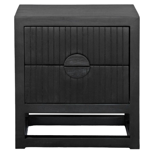 The Teton 2 drawer black bedside is crafted from sustainable fruitwood. Its contemporary design features two generous drawers, on wood runners. Colour black. Measures 550 wide X 350 depth X 550 height. Front Plain.