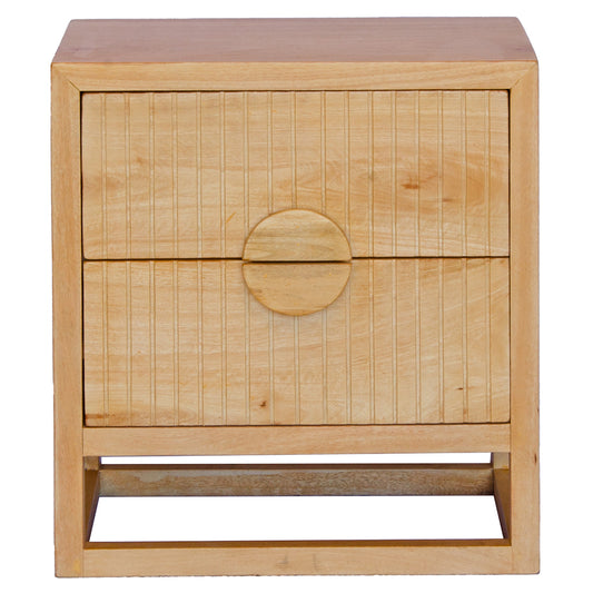 The Teton 2 drawer natural bedside is crafted from sustainable fruitwood. Its contemporary design features two generous drawers, on wood runners. Colour natural. Measures 550 wide X 350 depth X 550 height. Front Plain.