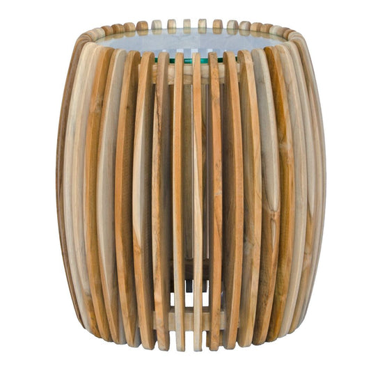 The Tokyo Side Table featuring sustainable teak wood, slated sides and a tempered glass top. Colour natural. Measures 450 diameter X 500 height. Front Plain.