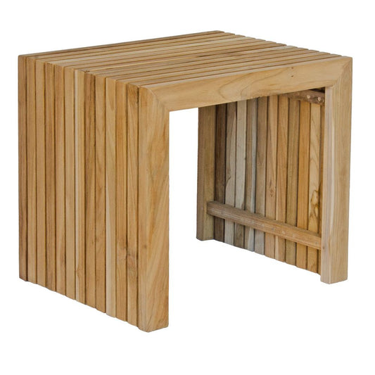 The Usuki Side Tables, is crafted from sustainable solid Teak and feature a slatted open design. Colour natural. Measures 500 wide x 400 depth x 450 height. Angle.