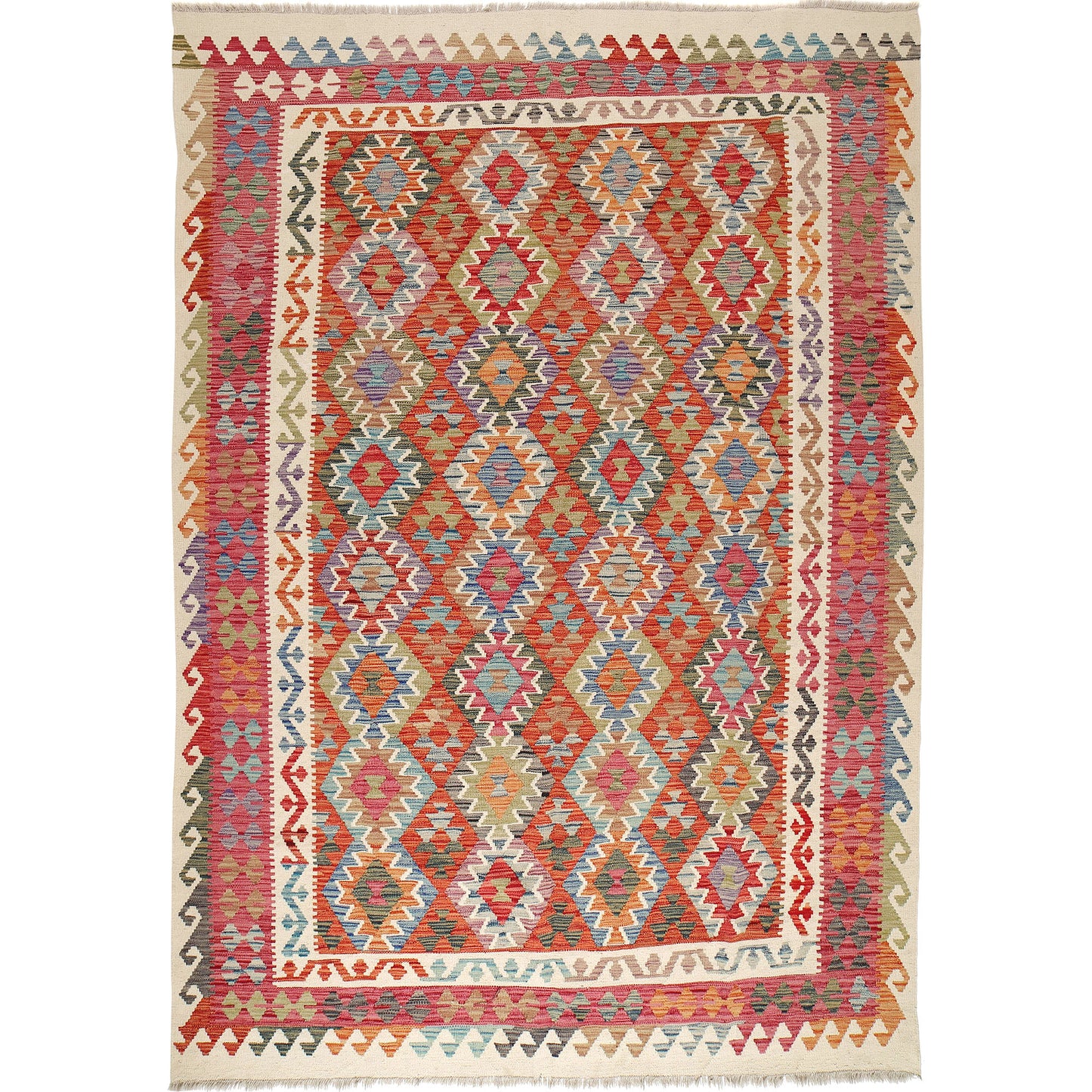 The Afghan Hand Woven Wool Khyber Kilim - 206 X 296. Crafted using traditional vegetable dyed wool, and featuring traditional geometric designs. Colours, cream, reds, oranges, teals, blues and beiges. Size 206 X 296.