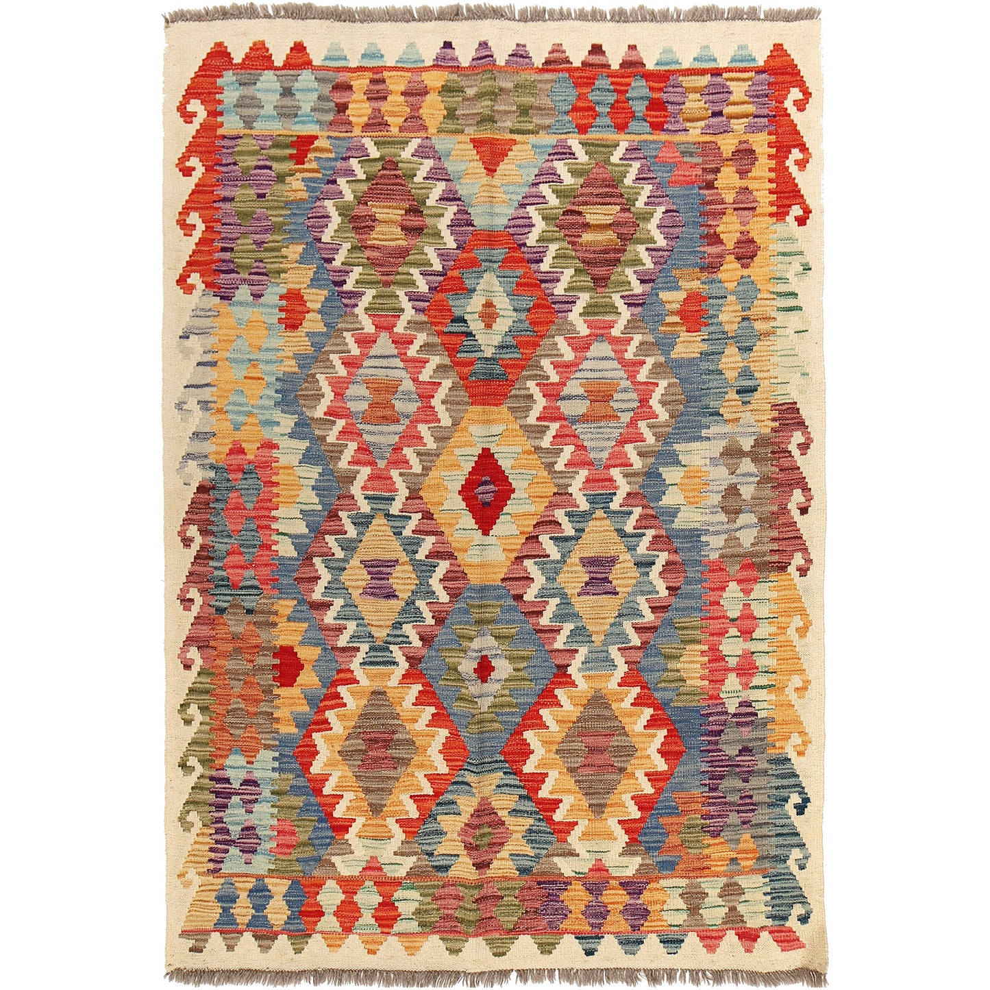 The Afghan Khyber Kilim - 126 X 178. Crafted using traditional vegetable dyed wool, and featuring traditional geometric designs. Colours, Beige, blue, red, yellow brown. Size 126 X 178.
