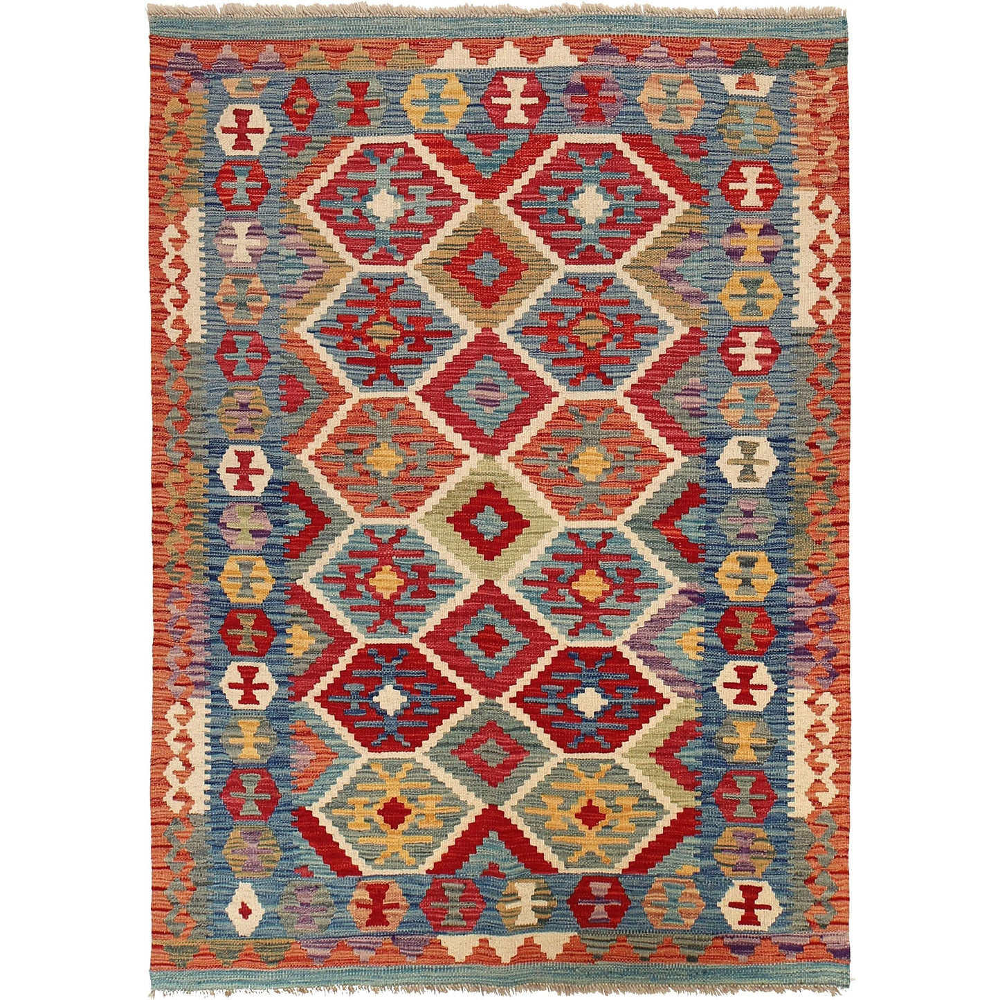 The Afghan Hand Woven Khyber Kilim - 129 X 178. Crafted using traditional vegetable dyed wool, and featuring traditional geometric designs. Colours, brown, red, blue, cream, teal. Size 129 X 178.