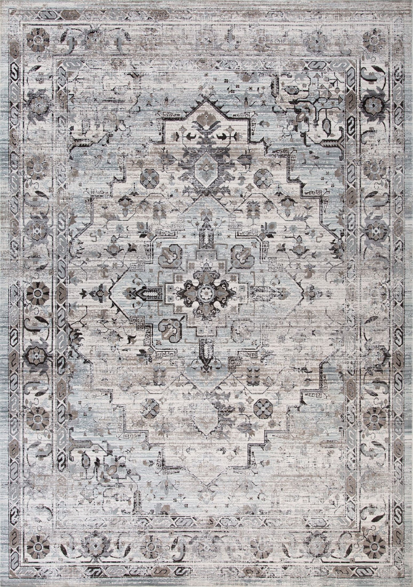 Victoria Chapel is a premium machine made rug. Its 2 million polyester points per square meter, give it a luxurious soft feel. Featuring a traditional/tribal design. Colours Light Grey, with grey and black accents. Sizes 160 X 235, 200 X 285, 240 X 330 and 300 X 380. Full.