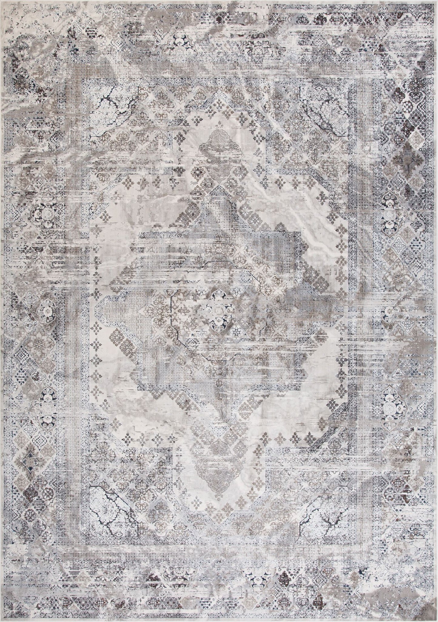 Victoria Marble is a premium machine made rug. Its 2 million polyester points per square meter, give it a luxurious soft feel. Featuring a traditional/tibal design. Colours Light Grey, with grey, black and beige accents. Sizes 160 X 235, 200 X 285, 240 X 330 and 300 X 380. Full.