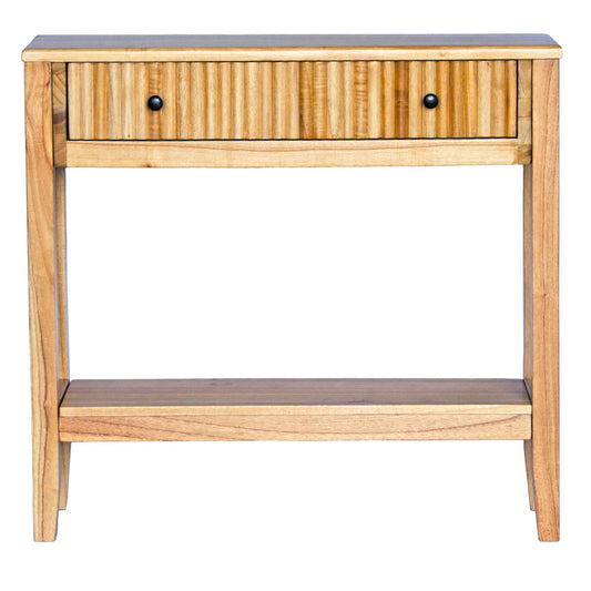 The Vienna - 1 Drawer Natural Console, natural, brings a contemporary feel with its sleek design and textured drawer face. Built with sustainable white cedar its 1-drawer sits on wooden runners. Colour natural. Measures 800 length X 250 depth X 750 height. Front Plain.