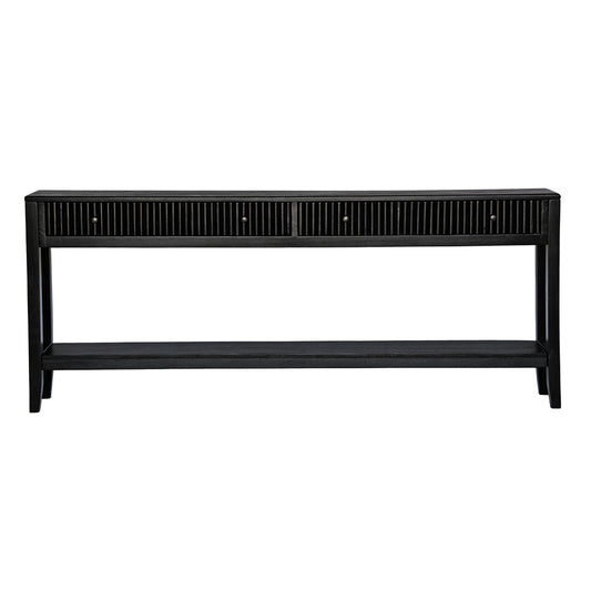 The Vienna - 2 Drawer Black 1800 Console brings a contemporary feel with its sleek design and textured drawer face. Built with sustainable white cedar its 2 drawers sit on wooden runners. Colour black. Measures 1800 length X 250 depth X 750 height. Front Plain.