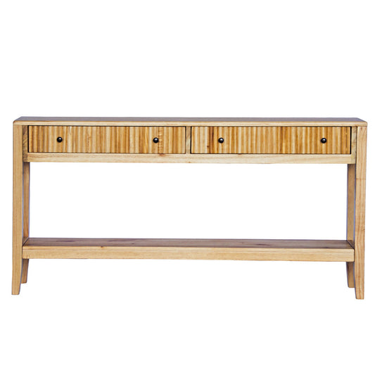 The Vienna - 2 Drawer Natural 1800 Console, natural, brings a contemporary feel with its sleek design and textured drawer face. Built with sustainable white cedar its 2 drawers sit on wooden runners. Colour natural. Measures 1800 length X 250 depth X 750 height. Front Plain.