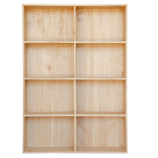 The Virgo Bookshelf Large. 8 compartments of storage in a 4 x 2 configuration. Constructed from solid white cedar. Colour Natural. Measures 1700 Height x 1200 Wide x 350 Depth. Styled.